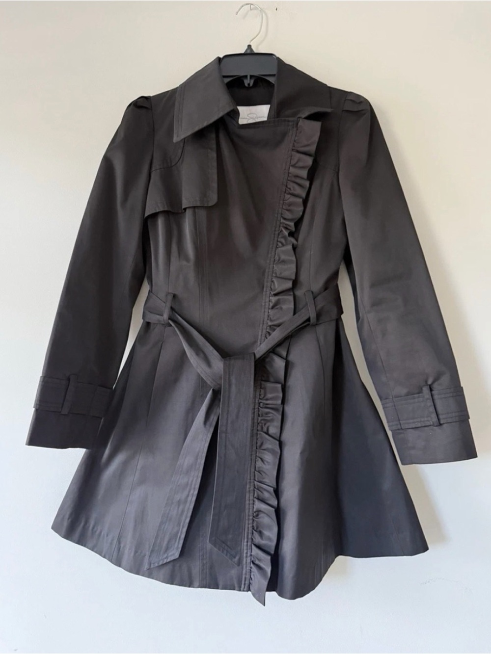 Jessica Simpson Black Ruffle-Trim Trench Coat with Tie Belt